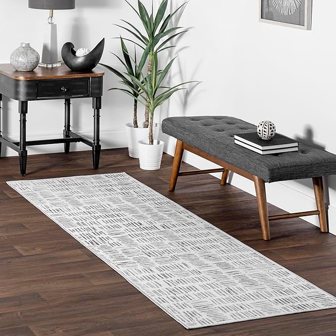 nuLOOM Mitzi Abstract Lines Machine Washable Ultra Thin Runner Rug, 2' 6" x 8', Light Grey - LeafyLoom