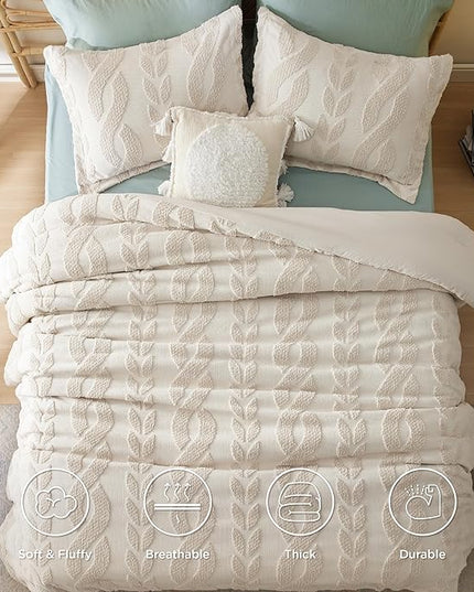 Bedsure Queen Size Comforter Set Beige, Boho Tufted Bedding Comforter Set, Farmhouse Jacquard Cable Knit Pattern Bed Set, 3 Pieces, 1 Shabby Chic Fluffy Comforter & 2 Pillow Shams - LeafyLoom