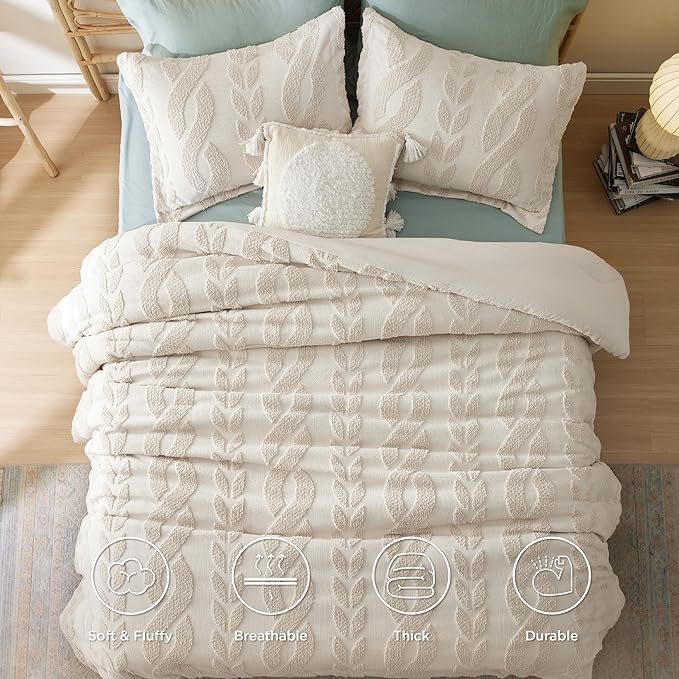 Bedsure Queen Size Comforter Set Beige, Boho Tufted Bedding Comforter Set, Farmhouse Jacquard Cable Knit Pattern Bed Set, 3 Pieces, 1 Shabby Chic Fluffy Comforter & 2 Pillow Shams - LeafyLoom