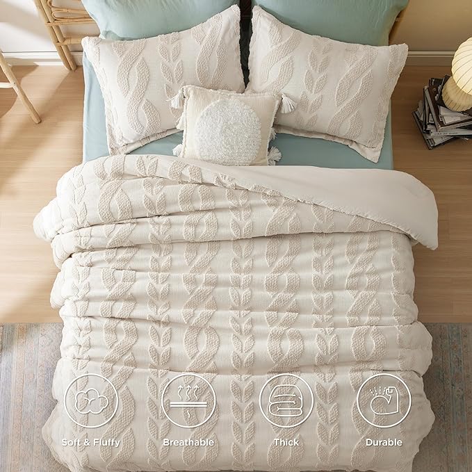 Bedsure King Size Comforter Set Beige, Boho Tufted Bedding Comforter Set, Farmhouse Jacquard Cable Knit Pattern Bed Set, 3 Pieces, 1 Shabby Chic Fluffy Comforter & 2 Pillow Shams - LeafyLoom