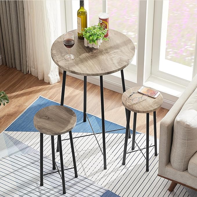 VECELO Small Bar Table and Chairs, Round Bistro Sets with 2 barstools, 3-Piece Pub Dining Furniture, Counter Height Wood Top for Breakfast Dinner Coffee Nap Conference, Easy Assembly,Maple - LeafyLoom