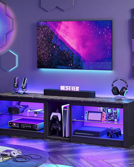 Bestier TV Stand for 70 inch TV, Gaming Entertainment Center for PS5, LED TV Cabinet with Glass Shelves for Living Room, 63'' Inch, Black Marble - LeafyLoom