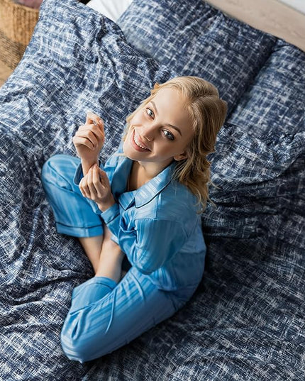 Hyde Lane Twin/Twin XL Kids Comforter Set, Blue Modern Farmhouse Aesthetic Bedding, Teen Boys Plaid Lines Pattern Bed Sets for All Season, 2 Pieces includes 1 Comforter, 1 Sham (66"x 90") - LeafyLoom