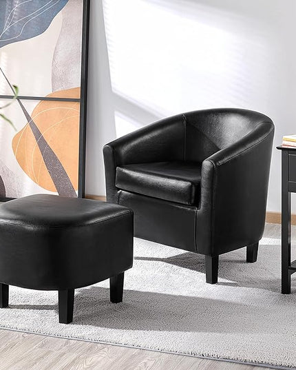 Yaheetech Accent Chair with Ottoman Set, Modern Faux Leather Upholstered Soft Barrel Chair and Footrest, Club Armchair and Footstool for Living Room/Bedroom/Reading Room/Guest Room, Black - LeafyLoom