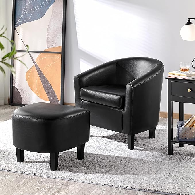 Yaheetech Accent Chair with Ottoman Set, Modern Faux Leather Upholstered Soft Barrel Chair and Footrest, Club Armchair and Footstool for Living Room/Bedroom/Reading Room/Guest Room, Black - LeafyLoom