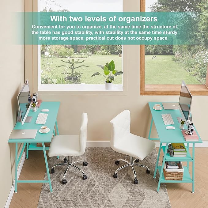 VECELO 43 Inch Computer Desk Writing Study Work Office Table Modern desk with shelves wooden desk for Home Bedroom,Blue Desk - LeafyLoom