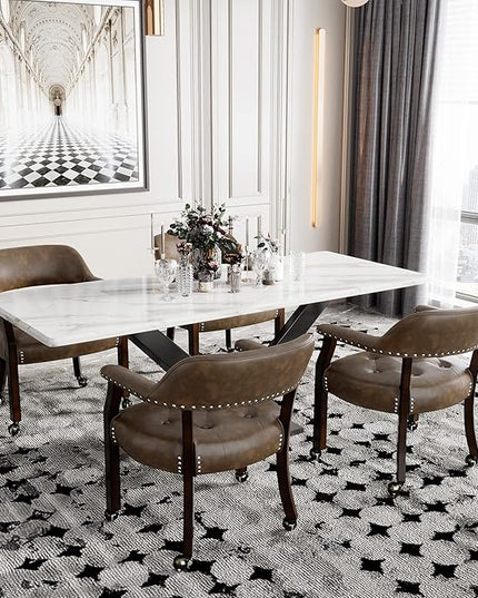 Large Dining Chairs with Casters and Arms, Rolling Dining Chairs with Wheels, Game Poker Table Chairs, Boss Caption's Chairs, 26"D x 25.2"W x 31.5"H, Espresso Legs & Choalate PU, XXY-1910-BN - LeafyLoom