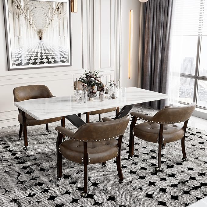 Large Dining Chairs with Casters and Arms, Rolling Dining Chairs with Wheels, Game Poker Table Chairs, Boss Caption's Chairs, 26"D x 25.2"W x 31.5"H, Espresso Legs & Choalate PU, XXY-1910-BN - LeafyLoom