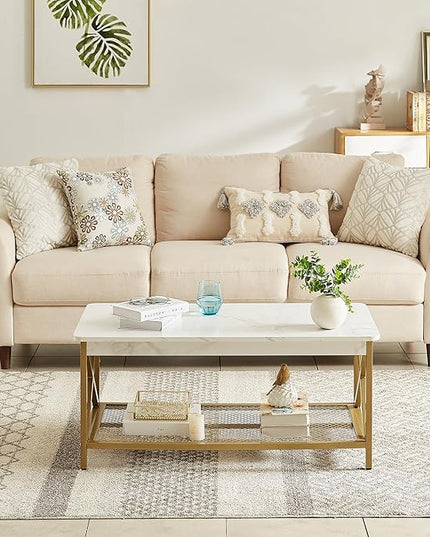 VECELO Coffee Table with Storage Shelf for Living Room,Industrial Style,Easy Assembly, Gold - LeafyLoom