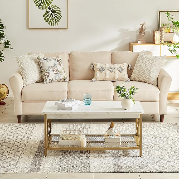 VECELO Coffee Table with Storage Shelf for Living Room,Industrial Style,Easy Assembly, Gold - LeafyLoom