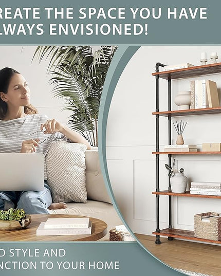 Barnyard Designs Rustic Industrial Bookshelf - Real Pine Wood with Sturdy Metal Frame - Tier Bookcase for Displaying Decor - No Tools Required Assembly (5-Shelf) - LeafyLoom