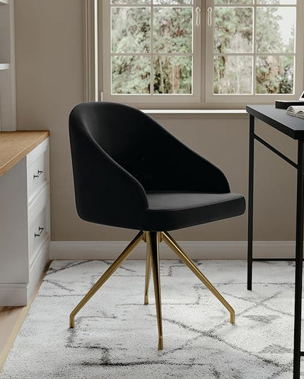 Martha Stewart Sora Stationary Swivel Task Chair with Sloped Arms for Home Office in Black Velvet with Polished Brass Frame - LeafyLoom