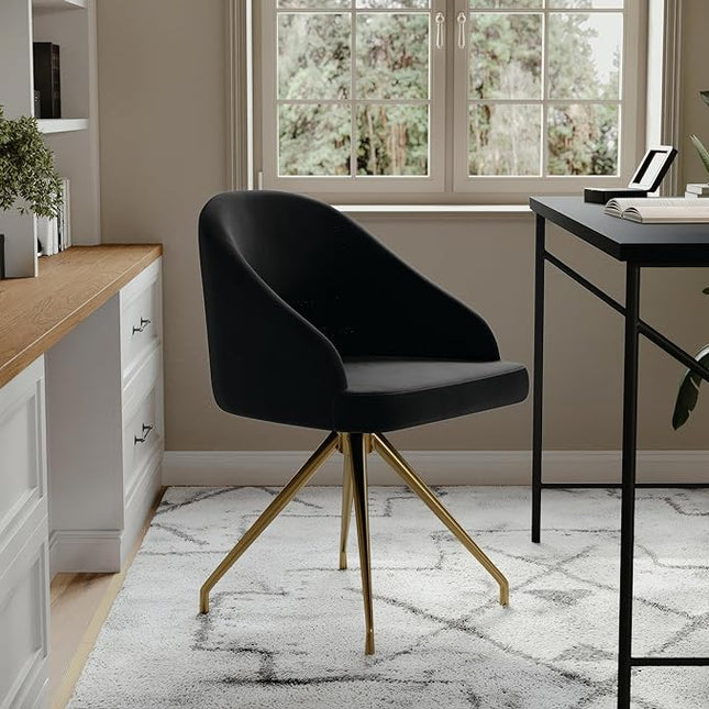 Martha Stewart Sora Stationary Swivel Task Chair with Sloped Arms for Home Office in Black Velvet with Polished Brass Frame - LeafyLoom