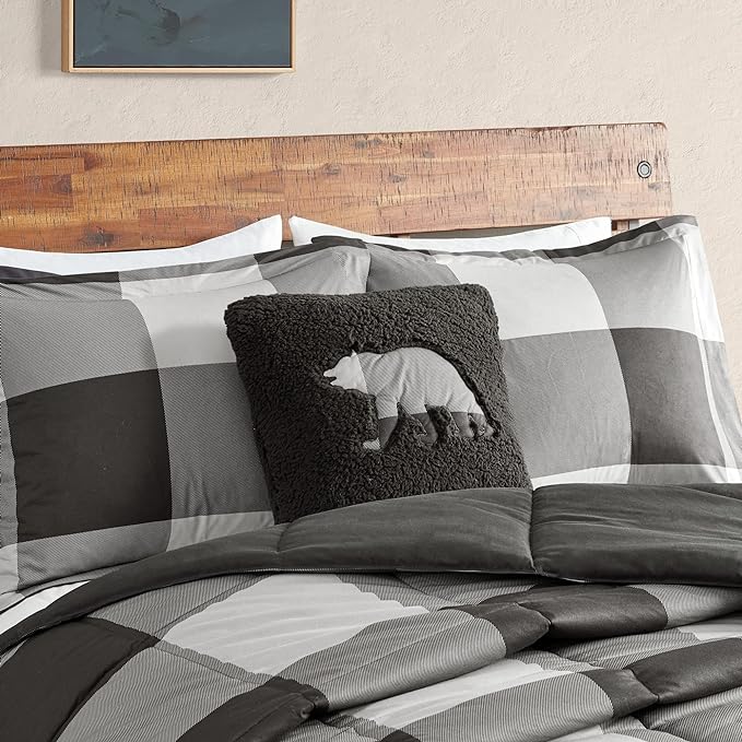 Woolrich Comforter Set, Cabin Lodge, Warm Cover for Colder Season, Modern Cottage-Inspired Down Alternative Ultra Soft Microfiber Bedding, Matching Sham, Plaid Grey/Black Twin 3 Piece - LeafyLoom