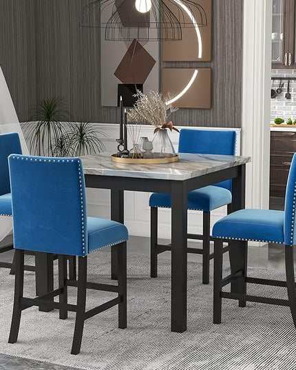 5-piece Counter Height Dining Set One Faux Marble Table and 4 Upholstered-Seat Chairs for Kitchen and Living Room Furniture, Blue - LeafyLoom