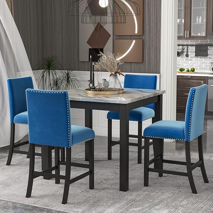 5-piece Counter Height Dining Set One Faux Marble Table and 4 Upholstered-Seat Chairs for Kitchen and Living Room Furniture, Blue - LeafyLoom