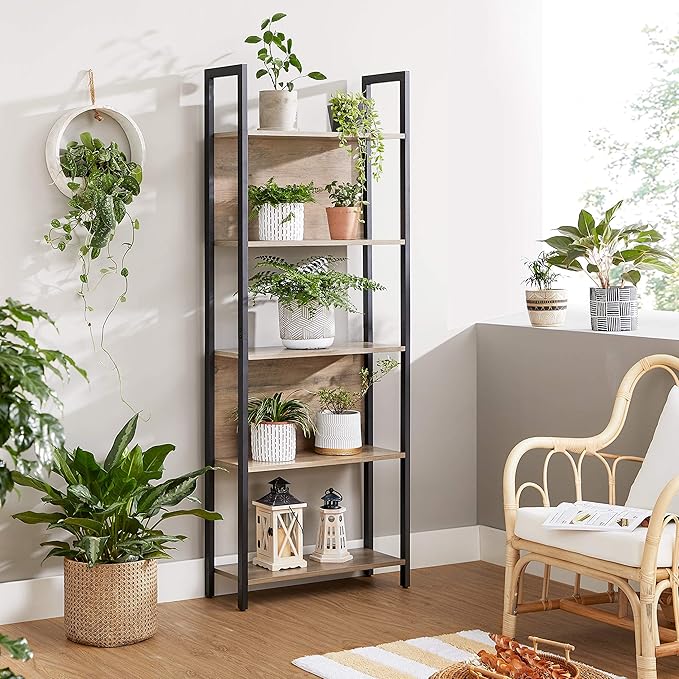 VASAGLE 5-Tier Bookshelf, Book Shelf, Industrial Bookcase, with Steel Frame, for Living Room, Home Office, Bedroom, 9.4 x 24.4 x 65 Inches, Greige and Black ULLS025B02 - LeafyLoom