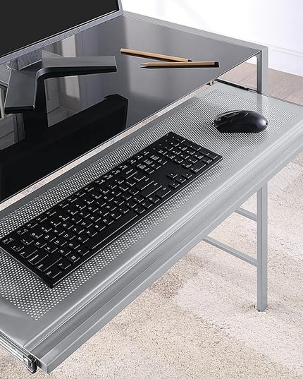 OSP Home Furnishings Zephyr Computer Desk with Keyboard Shelf and Tempered Glass Top, Black Glass and Silver Frame - LeafyLoom