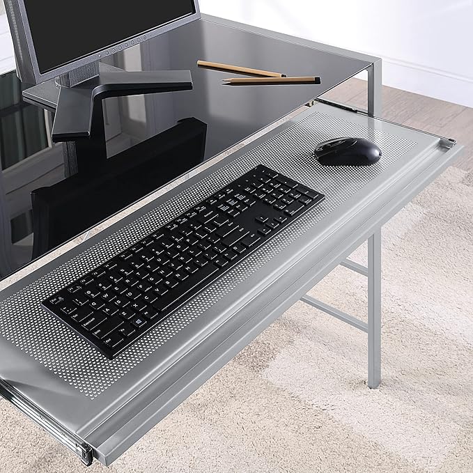 OSP Home Furnishings Zephyr Computer Desk with Keyboard Shelf and Tempered Glass Top, Black Glass and Silver Frame - LeafyLoom