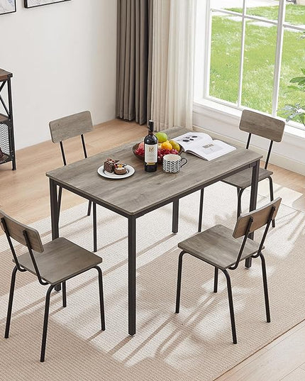 Dining Table Set for 4, 5-Piece Set Industrial Metal Wood 43.3" Kitchen Dining Table with 4 Dining Chairs, Indoor Modern Furniture Set for Dining Room, Dinette, Breakfast Nook, Grey - LeafyLoom