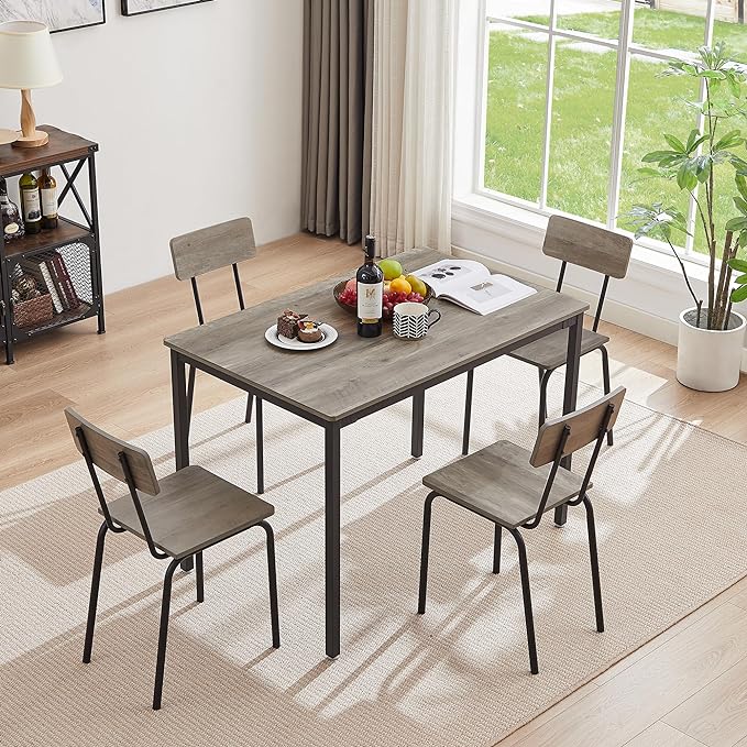 Dining Table Set for 4, 5-Piece Set Industrial Metal Wood 43.3" Kitchen Dining Table with 4 Dining Chairs, Indoor Modern Furniture Set for Dining Room, Dinette, Breakfast Nook, Grey - LeafyLoom