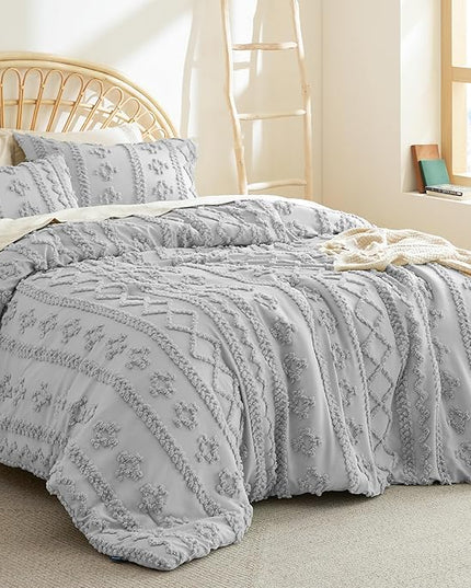 Bedsure Tufted Boho Comforter Set Queen - Grey Boho Bedding Comforter Set, 3 Pieces Farmhouse Shabby Chic Embroidery Bed Set, Soft Jacquard Comforter for All Seasons - LeafyLoom
