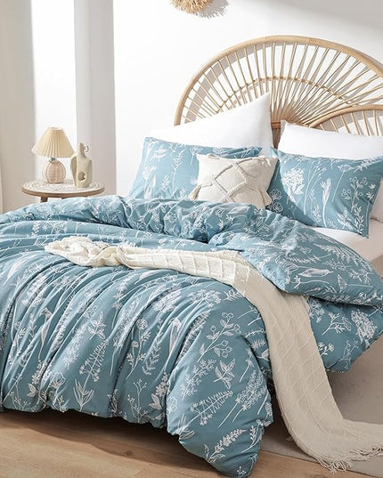 JANZAA Queen Comforter Set Floral Comforter Sets Queen Size Bedding Set Mineral Blue Comforter for All Season with 2 Pillow Shams Cute and Comfortable - LeafyLoom