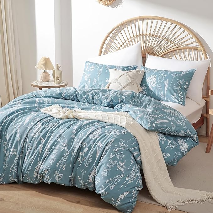 JANZAA Queen Comforter Set Floral Comforter Sets Queen Size Bedding Set Mineral Blue Comforter for All Season with 2 Pillow Shams Cute and Comfortable - LeafyLoom