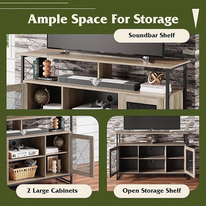 WLIVE TV Stand 55 inch TV,Tall Entertainment Center with Storage, Farmhouse Industrial TV Console for Bedroom Living Room, Greige - LeafyLoom