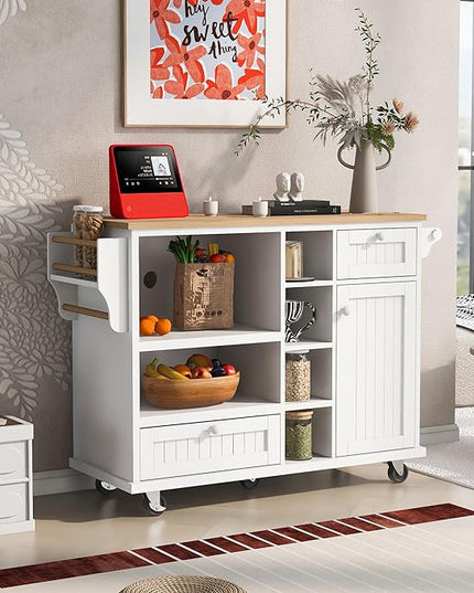 Kitchen Island with Storage, Rolling Table on Wheels Solid Wood Desktop, Microwave Cabinet, Floor Standing Buffet Server Sideboard for Dinning Room - LeafyLoom