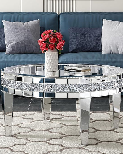 35.5'' Mirrored Round Coffee Table for Living Room, Modern Glass Coffee Table with Crystals Inlay, Silver Accent Table for Home & Office, 1 PC - LeafyLoom