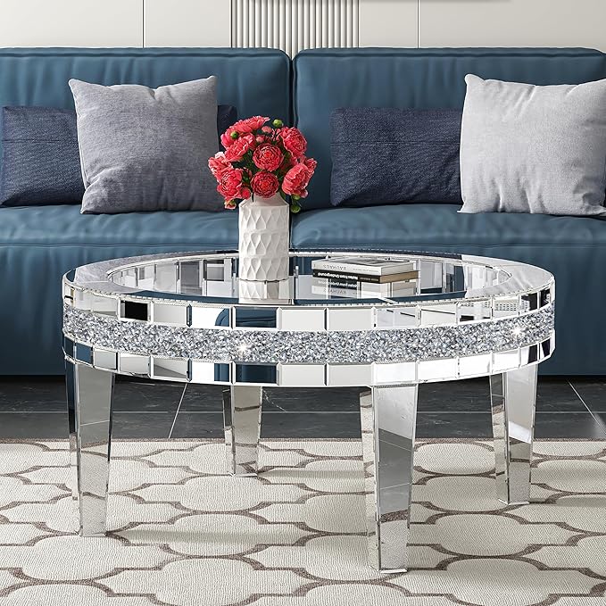35.5'' Mirrored Round Coffee Table for Living Room, Modern Glass Coffee Table with Crystals Inlay, Silver Accent Table for Home & Office, 1 PC - LeafyLoom