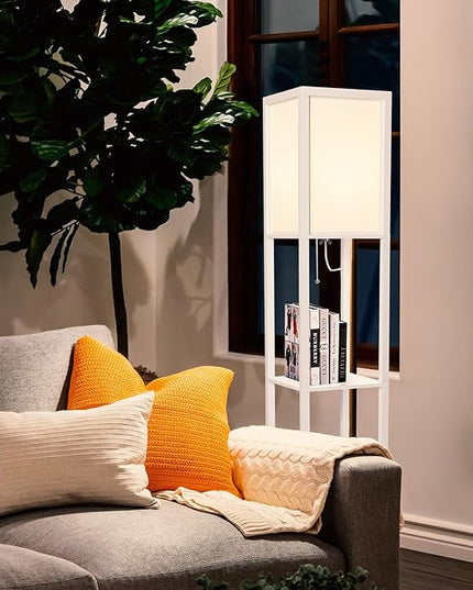 Brightech Maxwell - Modern Shelf Floor Lamp with Lamp Shade and LED Bulb - Corner Display Floor Lamps with Shelves for Living Room, Bedroom and Office - White - LeafyLoom