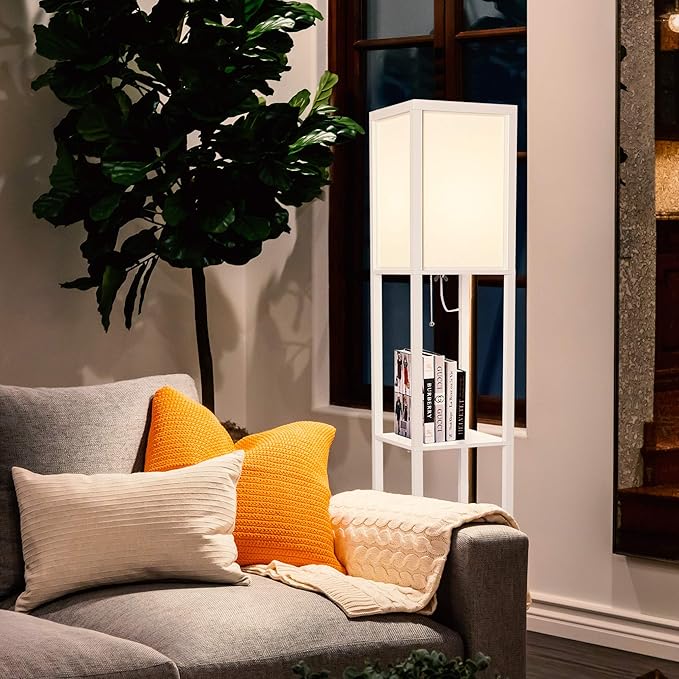 Brightech Maxwell - Modern Shelf Floor Lamp with Lamp Shade and LED Bulb - Corner Display Floor Lamps with Shelves for Living Room, Bedroom and Office - White - LeafyLoom
