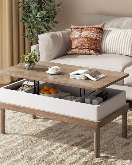 Shintenchi Coffee Table, Lift Top Coffee Table with Hidden Compartment, Rising Tabletop Dining Table, Lift Top Coffee Center Table for for Living Room, Office, Home (Ivory) - LeafyLoom