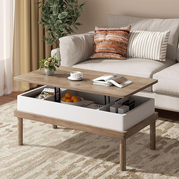 Shintenchi Coffee Table, Lift Top Coffee Table with Hidden Compartment, Rising Tabletop Dining Table, Lift Top Coffee Center Table for for Living Room, Office, Home (Ivory) - LeafyLoom