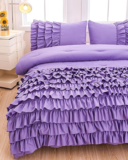 Lavender Princess Ruffle Comforter, Purple Twin Comforter Set for Girls (1 Ruffled Comforter and 2 Pillowcases), 3 Pieces Vintage Rustic Purple Bedding Set for Girls Kids - LeafyLoom