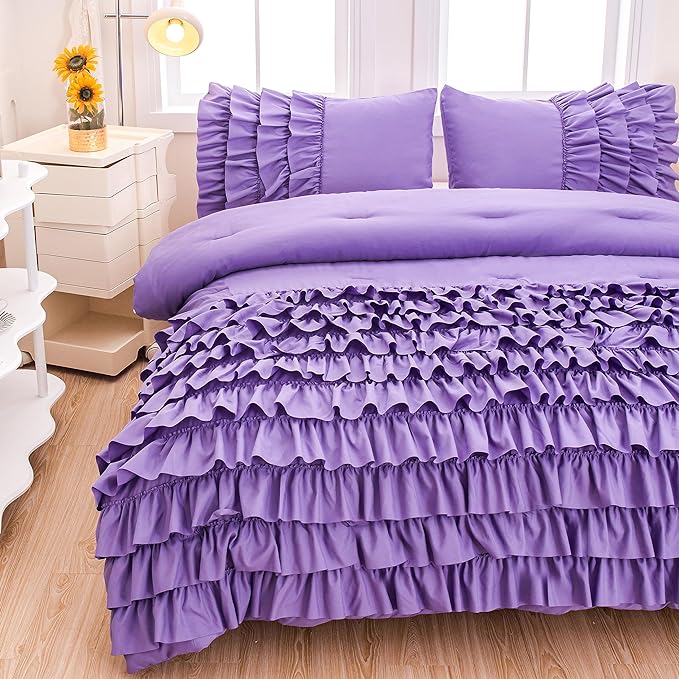 Lavender Princess Ruffle Comforter, Purple Twin Comforter Set for Girls (1 Ruffled Comforter and 2 Pillowcases), 3 Pieces Vintage Rustic Purple Bedding Set for Girls Kids - LeafyLoom