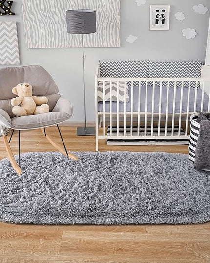 Noahas Ultra Soft Fluffy Bedroom Rugs,Shaggy Grey Area Rugs for Bedroom,Oval Throw Rugs, Kids Room Small Carpet,Living Room Runner Rug Non Slip Modern Home Decor 2.6' X 5.3' - LeafyLoom