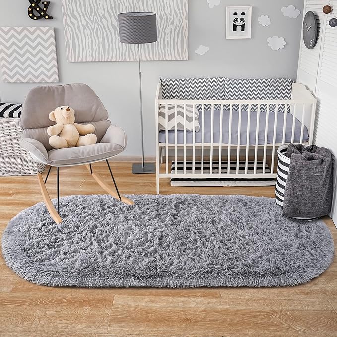 Noahas Ultra Soft Fluffy Bedroom Rugs,Shaggy Grey Area Rugs for Bedroom,Oval Throw Rugs, Kids Room Small Carpet,Living Room Runner Rug Non Slip Modern Home Decor 2.6' X 5.3' - LeafyLoom