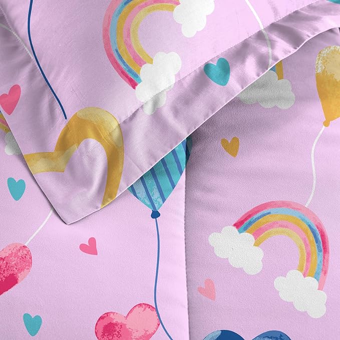 Dream Factory Kids 5-Piece Complete Bed Set Easy-Wash Super Soft Microfiber Comforter Bedding, Twin, Lilac Balloon Hearts - LeafyLoom