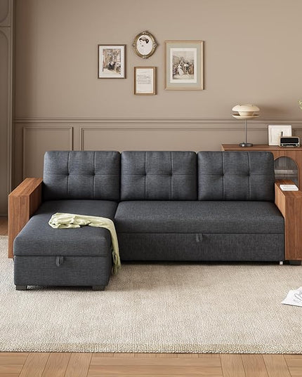 Convertible Sectional Couch with Pull Out Bed Chaise,L Shaped Sleeper Sofa W/Storage Cabinet Armrests & Removable Back Cushions,Living Room Furniture for Home,Office,Dark Grey,84" - LeafyLoom