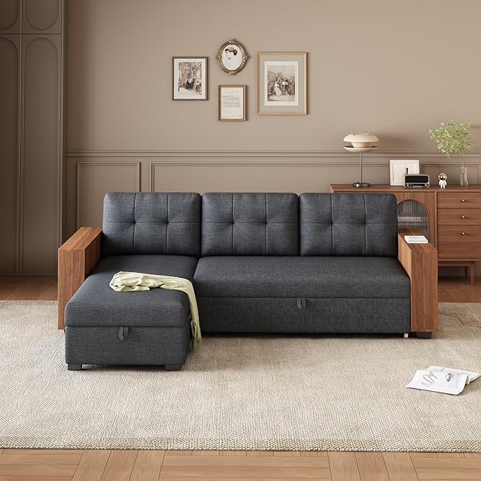 Convertible Sectional Couch with Pull Out Bed Chaise,L Shaped Sleeper Sofa W/Storage Cabinet Armrests & Removable Back Cushions,Living Room Furniture for Home,Office,Dark Grey,84" - LeafyLoom
