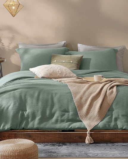 Sage Green Queen Comforter Set, 3 Piece Crinkle Design Summer Beddding Queen Size, Minimalist Queen Bed Set with Modern Green Comforter & Shams (Queen, 90"x90") - LeafyLoom