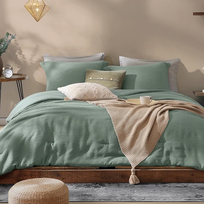 Sage Green Queen Comforter Set, 3 Piece Crinkle Design Summer Beddding Queen Size, Minimalist Queen Bed Set with Modern Green Comforter & Shams (Queen, 90"x90") - LeafyLoom