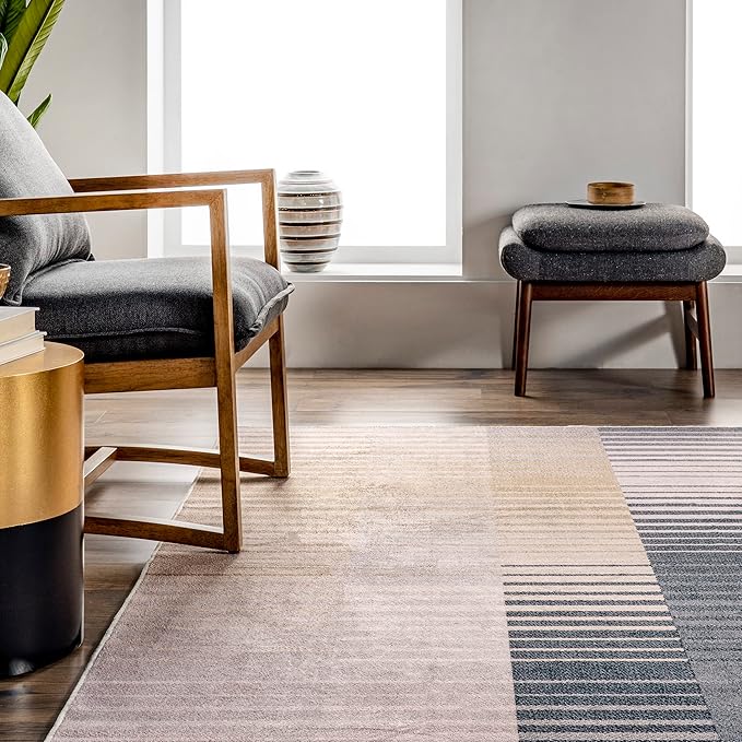 nuLOOM Lennie Modern Multi Striped Machine Washable Ultra Thin Area Rug, 3' x 5', Beige - LeafyLoom