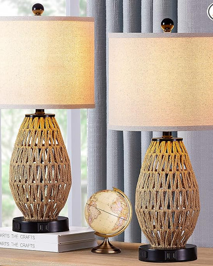 Touch Control Rattan Table Lamps, 3 Way Dimmable Bedside Lamps for Bedroom Set of 2 with 2 USB Ports and AC Outlet, Wicker Nightstand Lamps for Living Room (LED Bulbs Included) - LeafyLoom