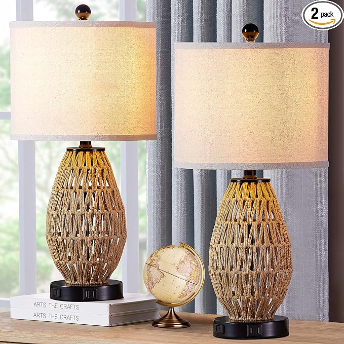 Touch Control Rattan Table Lamps, 3 Way Dimmable Bedside Lamps for Bedroom Set of 2 with 2 USB Ports and AC Outlet, Wicker Nightstand Lamps for Living Room (LED Bulbs Included) - LeafyLoom