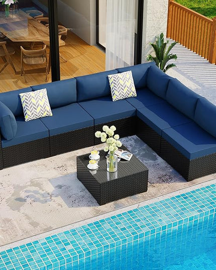 Shintenchi 7 Pieces Outdoor Patio Sectional Sofa Couch, Black Wicker Furniture Conversation Sets with Washable Cushions & Glass Coffee Table for Garden, Poolside, Backyard (Aegean Blue) - LeafyLoom