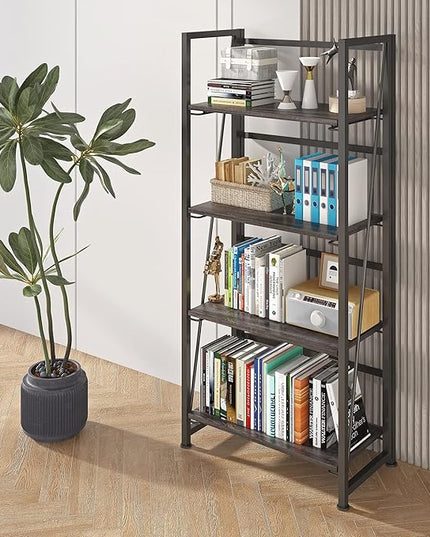 4NM No-Assembly Folding Bookshelf Storage Shelves 4 Tiers Vintage Bookcase Standing Racks Study Organizer Home Office (Gray and Black) - LeafyLoom